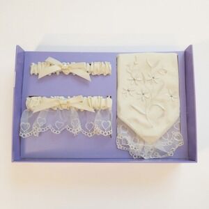 Vintage 3-pc Wedding Bridal Lace Double Garters & Handkerchief- New In Box